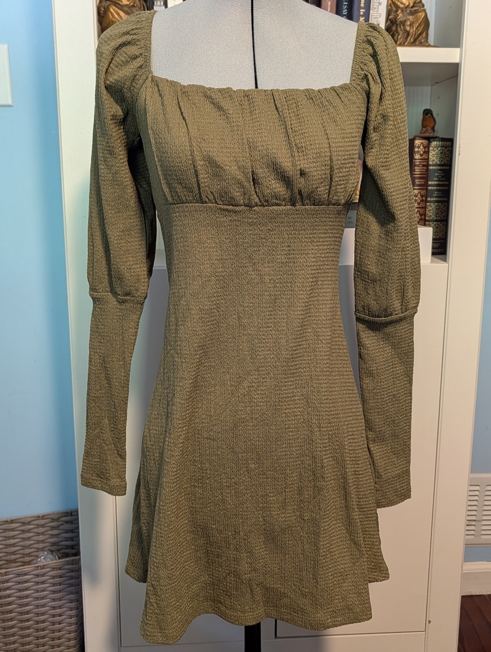 Topshop Olive Square Neck Long Sleeve Mini Dress